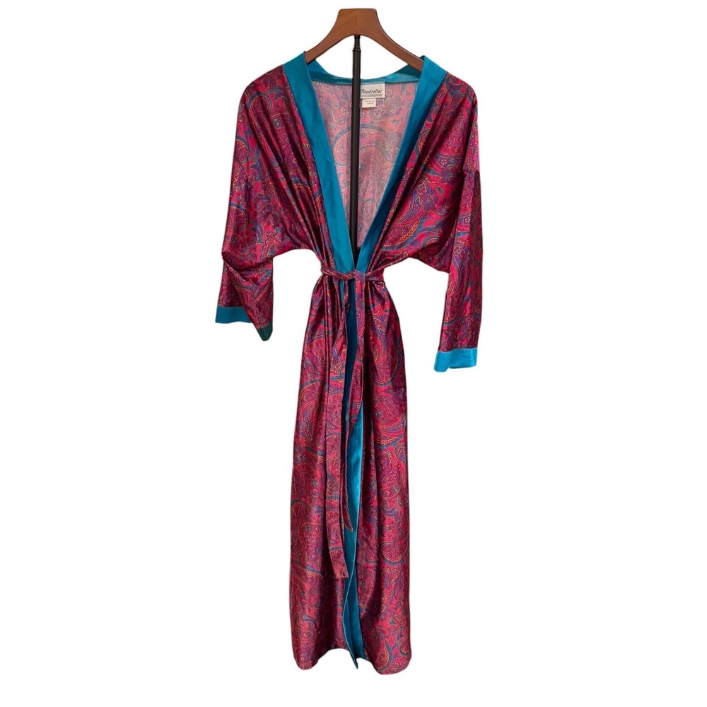 Vtg 80s Moodsetter Paisley Robe‎ Pink Teal Long Wrap Kimono Dressing Gown Large